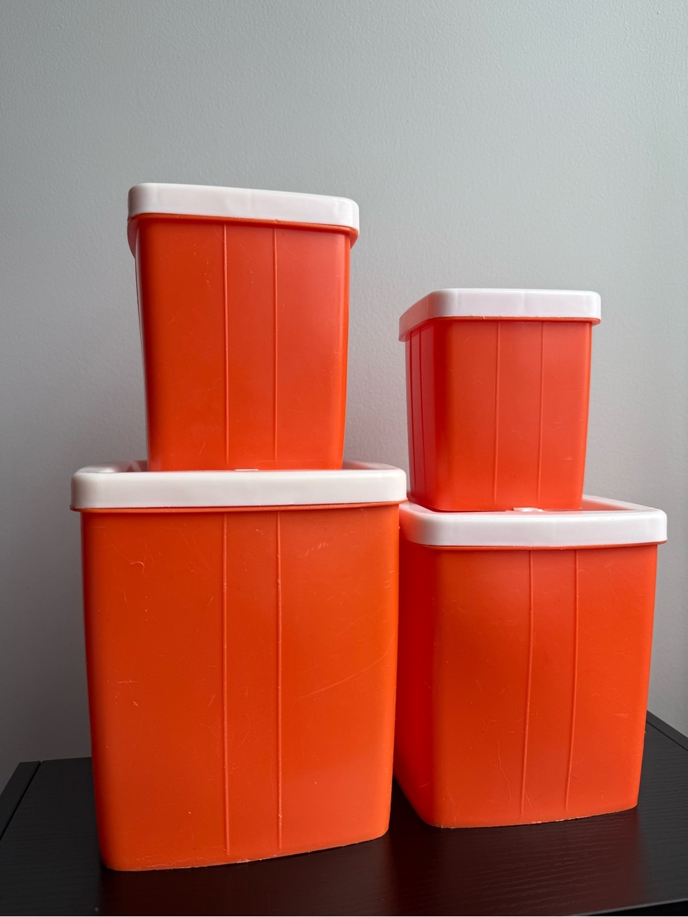 Set of 4 Vintage 70s White Orange Kitchen Food Storage Containers by Gotham Ware